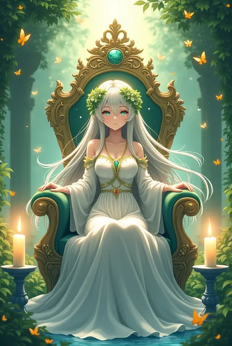 A very beautiful anime style girl Create an anime-style illustration of a serene and majestic scene. A figure with long, flowing hair sits gracefully on an ornate throne, surrounded by fluttering butterflies, lush greenery, and softly glowing candles. The ...