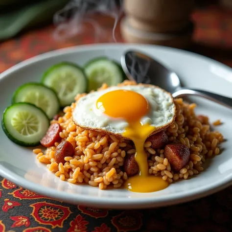 Pork fried rice with hot egg served on a white plate with beautifully sliced cucumber with spoons and forks There is smoke rising and the colors are bright and appetizing. The background is a Thai patterned tablecloth.