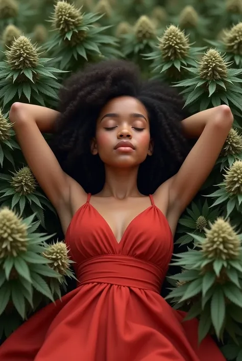 Generates the image of a 2 girl who is 160 centimeters tall, curly hair, dark skin color and weighing about 70 kg. I want you to draw her lying on marijuana and with her arms under her head in a relaxed, resting and happy position.. Let it be dried marijua...