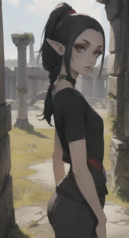 Modern elf girl, Greyrenn, looking at viewer, POV, T-shirt, pants, ponytail braids hairstyle, ancient Hyrule ruins,