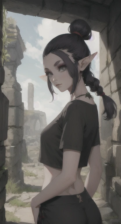 Modern elf girl, Greyrenn, looking at viewer, POV, T-shirt, pants, ponytail braids hairstyle, ancient Hyrule ruins,