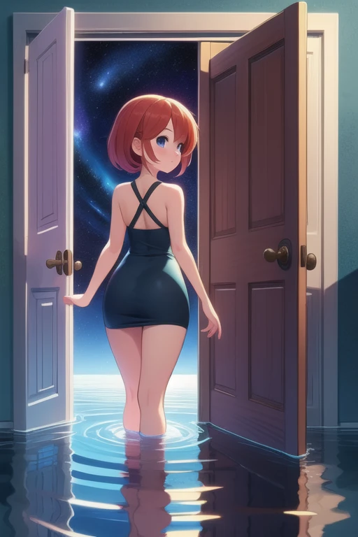 (masterpiece, best quality, detailed:1.5), 1girl, open door, night sky inside frame, standing in water, futurama style