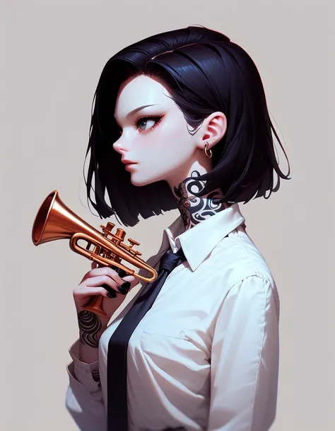 (Fraction_9, Fraction_8_Direction_7_up), PDXL, 1 girl, Android 18，Solitary, contour, Thoughtful expression, Simple background,In the studio，Standing on a hill, Snake Eyes, upper body, tie hair, Black Hair, Simple clothes, trumpet, White shirt, Hold the fra...