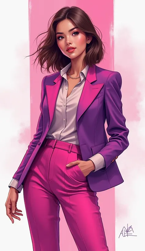 Woman with shoulder length hair, brown hair color, pink and purple work clothes, modern illustration, 