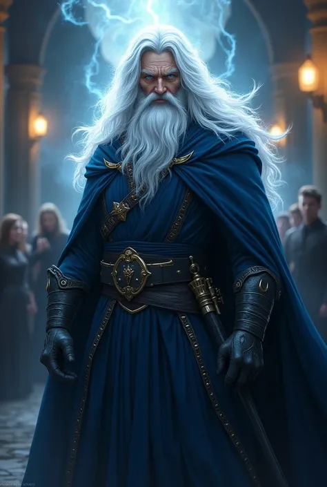 Anime solid colors man, armor black, big white hair, white bearded, wise, 40 year old, defined, blue colored eyes, Cao Cao, gerald, one piece anime estile, good quality, dark, sorcerer aspect due to some details of the costume, in the background to a blurr...