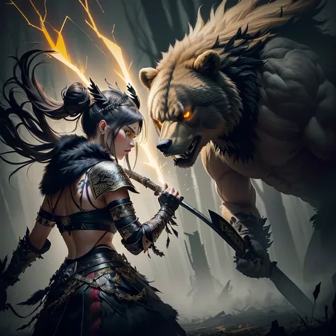 Fierce female warrior stands in a commanding pose, swinging a blade, decorated with intricate patterns. She is dressed in dark, fur armor with various leather straps and metal parts, the embodiment of strength and fortitude. Her hair is pulled back into a ...