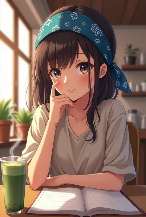 (Counterfeit-V3.0) girl with blue bandana type headband but the tie of the bandana is at the back. She’s studying on a coffee shop with a matcha drink on the side. She’s smiling and not looking at the camera. Widen the background