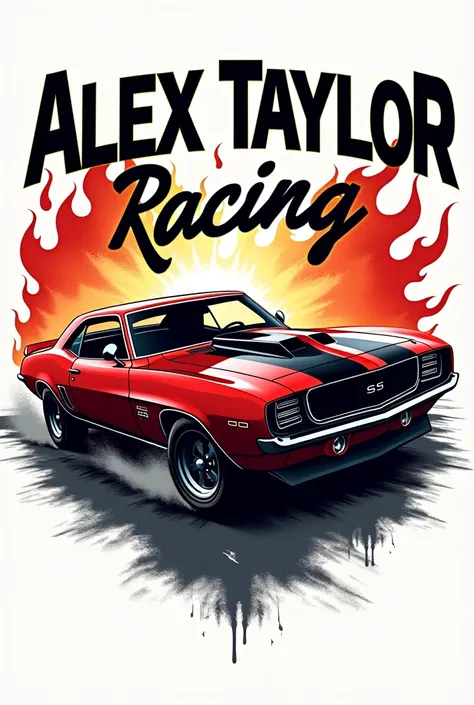 Create a bold and eye-catching t-shirt design logo for "Alex Taylor Racing." The logo should feature a stylized silhouette of a vintage muscle car with prominent racing stripes. Integrate a flame motif to suggest speed and power, with the flames flowing fr...