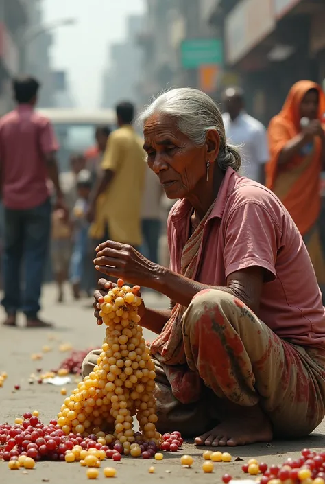 A Indian poor old woman making a big dog out of the gropes on road people are watching