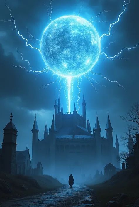 An electricity themed domain expansion, high res, scene, 4k, fantasy, third person, small area, dark, lightning bolts, large electric sphere, dark sky, blue lightning, from ground perspective, 0 people, ruined castle, destroyed castle