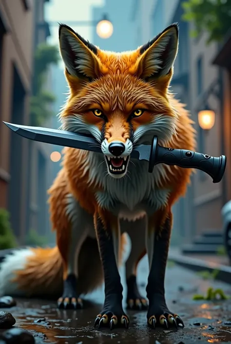 Fox holding combat knife in its mouth