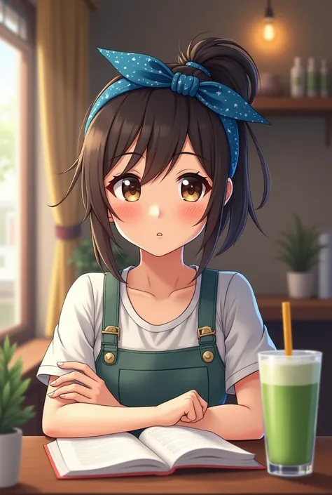 (Counterfeit-V3.0) girl with blue bandana type headband but the tie of the bandana is at the back. She’s studying on a coffee shop with a matcha drink on the side. She’s smiling and should not be looking at the camera. Widen the background make the charact...