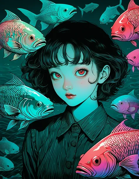 illust、art、from 80s horror movie, directed by junji ito、deep sea fish、high detail, realsitic shadow、analog style, chromatic aber...