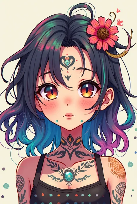 A short girl with a tattoo in anime style　Rainbow hair color　Face tattoos