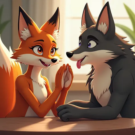 A cheerful anthropomorphic fox woman sitting at a table, presenting her soles. Nearby, an amused anthropomorphic wolf man licking her soles. Close-up view."

