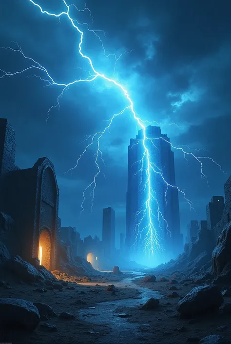 An electricity themed domain expansion, high res, scene, 4k, fantasy, third person, small area, dark, lightning bolts, small electric spheres, dark sky, blue lightning, from ground perspective, no people, ruins, electric pillars from ground, electric pilla...