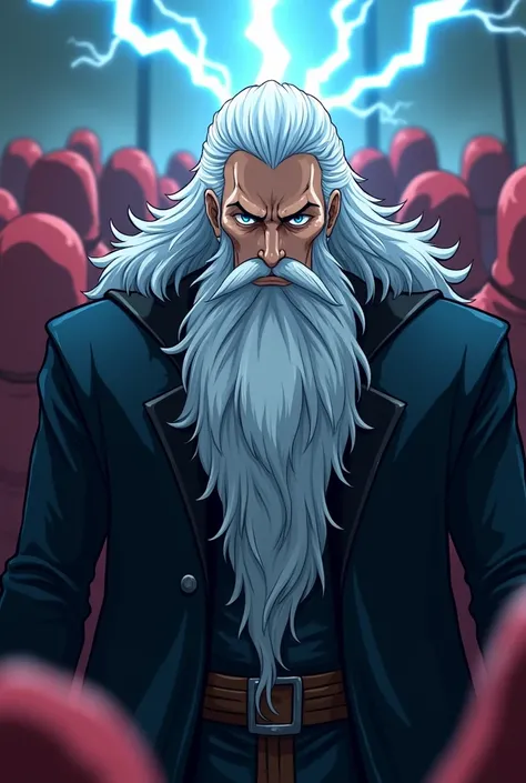  Anime Body Solid Colors Man, armor black, big white hair, white bearded, wise, 40 year old, defined, blue colored eyes, Cao Cao, gerald, one piece anime estile, good quality, dark, sorcerer aspect due to some details of the costume, in the background to a...