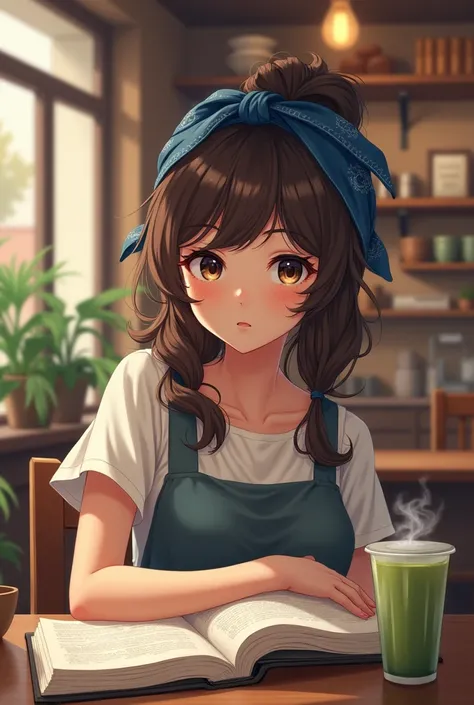 (Counterfeit-V3.0) girl with blue bandana type headband but the tie of the bandana is at the back. She’s studying on a coffee shop with a matcha drink on the side.