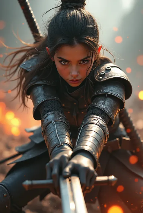 A beautiful female warrior in a dynamic fighting pose, overhead view, crouched in the middle of a battle, high school student, animated character, (best quality, 4k, 8k, highres, masterpiece:1.2), ultra-detailed, (realistic,photorealistic,photo-realistic:1...