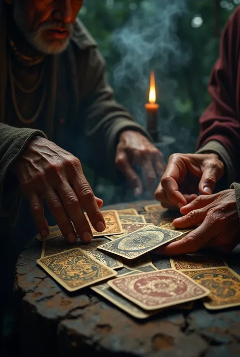 Old indigenous hands dealing cards in the dark