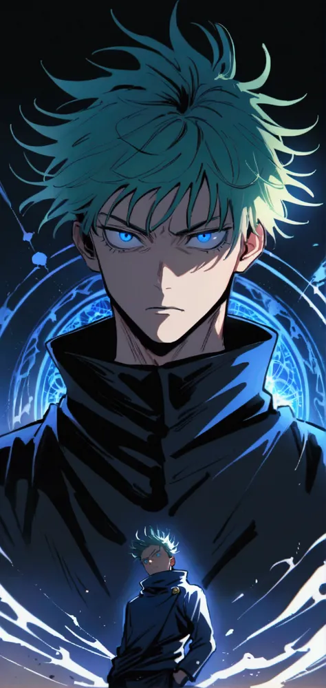 ((Masterpiece)), ((magig)),((ultra detail)), 1boy, gojo satoru, green hair, Jujutsu kaisen, magic blue circle, blue lighting, handsone, blood splatter, messy hair, blue eyes, serious face, looking at viwers, dark background, powerfull, magical view