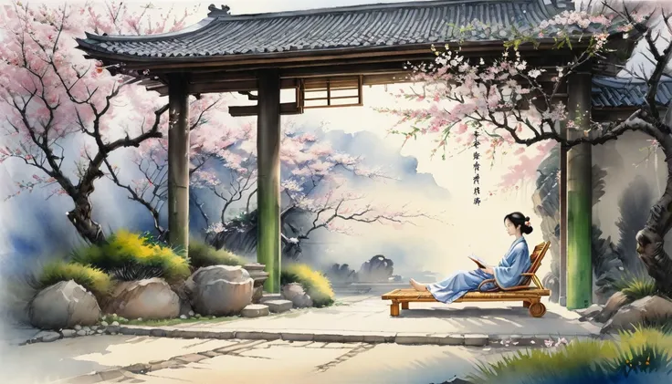 in the courtyard of ancient building.there is a lady under the cherry blossom tree.a lady rests and sleeps soundly on a bamboo c...