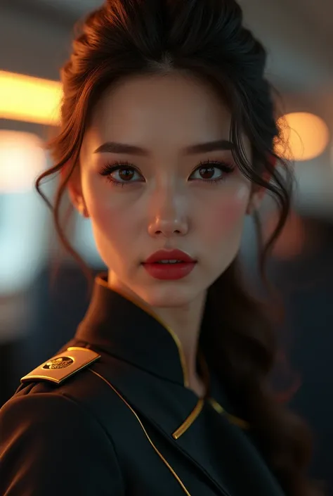 1girl, solo, official art, unity 8k wallpaper, ultra detailed, beautiful and aesthetic, beautiful, masterpiece, best quality, wearing elegant flight uniform, sexy flight attendant uniform, beautiful detailed eyes, beautiful detailed lips, extremely detaile...