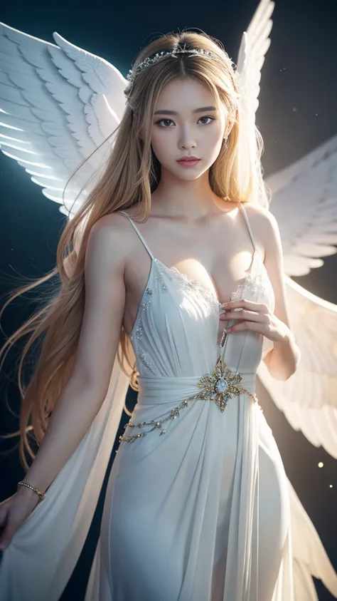 Create an ultra-realistic 8K resolution image of a female character inspired by the archangel Michael. This character retains Michaels most iconic physical traits, including long, flowing blonde hair and piercing blue eyes that exude wisdom and divine auth...