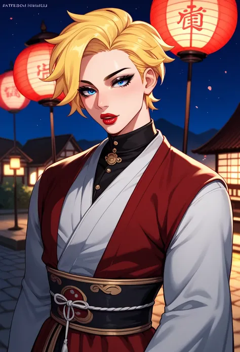 Mature male, solo, feminine, thin waist, yellow hair, blue eyes, black eyeliner, black eyeshadow, 1boy, gay, anime style, long eyelashes, eyelashes, anime, red clothes, middle east, Japanese village behind, medieval clothes, night, red lipstick, big lips 