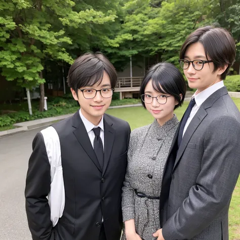 A Japanese couple. only 2 people. young beautiful woman with short black hair without glasses. a cool man in a suit with glasses. the man is looking kind and smiling. They are standing with their arms around each other. The background is bright and beautif...