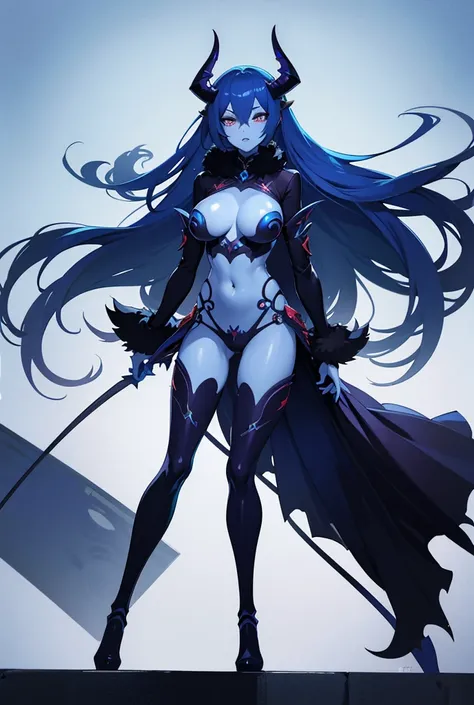 Futanari female demon, blue skin, glamorous figure, full body, anime style, showing off crotch bulge