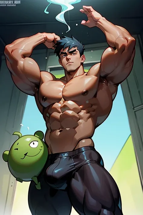 Danny Fenton from Danny Phantom animated tv series as a big dumb mindless teenage muscular bodybuilder jock in a locker room flexing and staring vapidly with mindless stare and mouth gaping open as his eyes glow under hypnosis saying, "Cant ... I cant ... ...