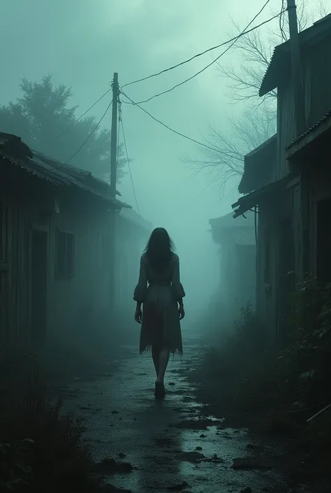 "A dimly lit village enveloped in fog or mist, with the bloodied woman walking through it. The village should appear abandoned and eerie, with the mist adding a ghostly ambiance to the scene."