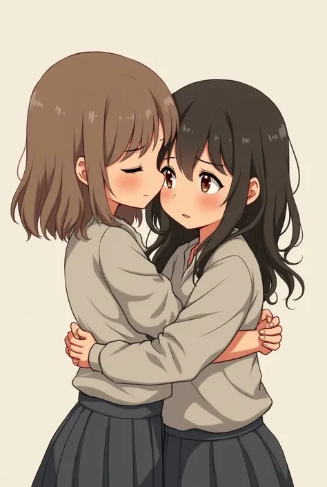 a girl with light brown shoulder length hair, next to another girl with long, dark brown hair, while they hug each other, They don&#39;t smile, no bangs, and they look like cartoons