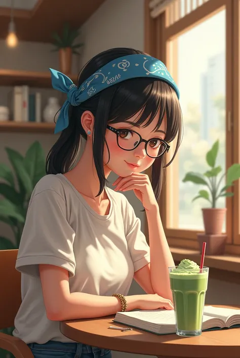 girl with glasses and blue bandana type headband but the tie of the bandana is at the back. She’s studying on a coffee shop with a matcha drink on the side.