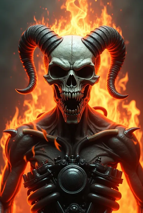 Create an image of a skull with vampire teeth and horns, Covered in flames, with a front view, and that it has a motorcycle type engine "in" Behind.