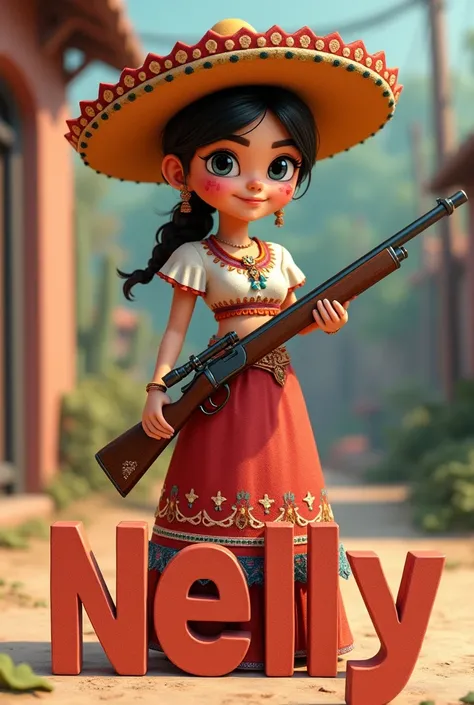 A cute adelita dressed in a Mexican hat, mexican dress, long skirt and cheek pads on her torso, taking a rifle and canana, colt revolver. With the word "Nelly" in front of it written with 3D letters”.