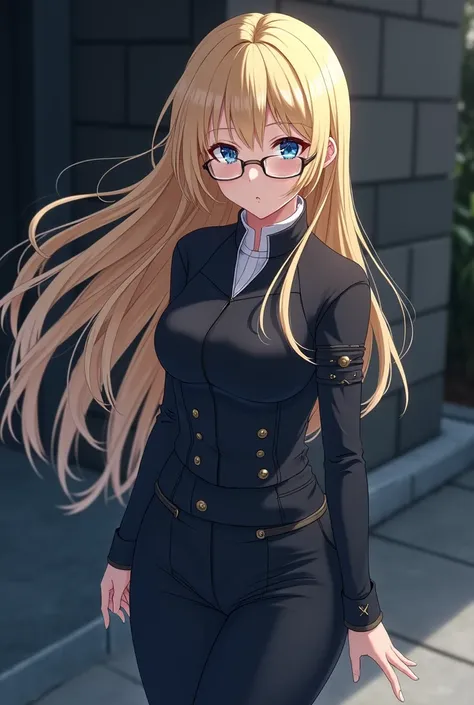 Ninja girl 
Anime, beautiful girl with glasses, blue eyes with long, blonde hair, ninja
