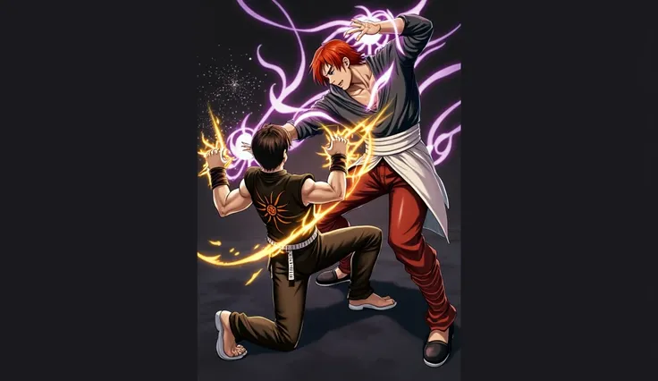 Two martial artists in a dramatic battle pose, surrounded by dynamic energy effects. The first fighter has short brown hair, wearing a black outfit with a glowing sun emblem, and is channeling fiery energy through his fists. The second fighter has red hair...