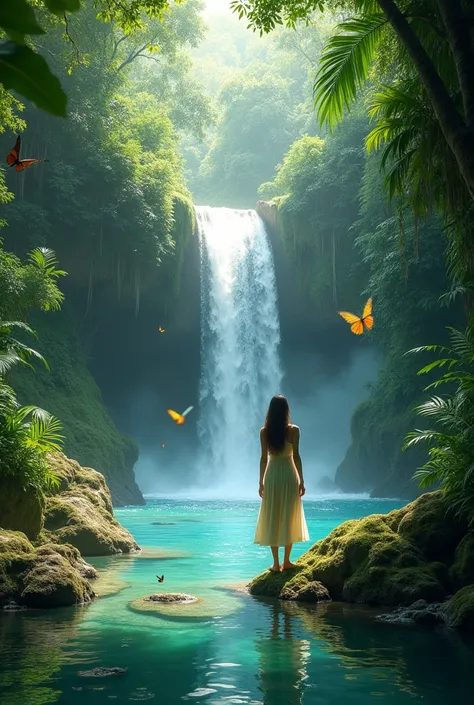 A hidden waterfall deep within a tropical rainforest, with crystal-clear water cascading down moss-covered rocks into a serene, tranquil pool. The lush and vibrant foliage surrounding the waterfall is teeming with life, as colorful birds and butterflies fl...