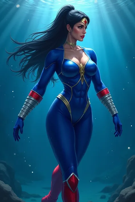 (((Swimming under the sea))),(((Completely royal blue suit))),(((Symbiote Skin))),(((lady deadpool))),(((A beautiful woman with long black hair tied back in a ponytail))),(((bajo el manto de Wanda Wilson alias lady deadpool))),(((This woman is standing wit...