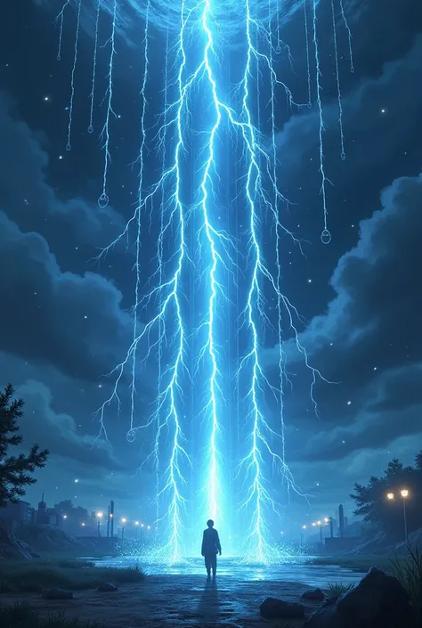 An electricity themed domain expansion, jujutsu kaisen style domain expansion, high res, scene, 4k, fantasy, small area, dark, lightning bolts, small electric spheres, dark sky, blue lightning, from ground perspective, small disconnected electric pillars f...