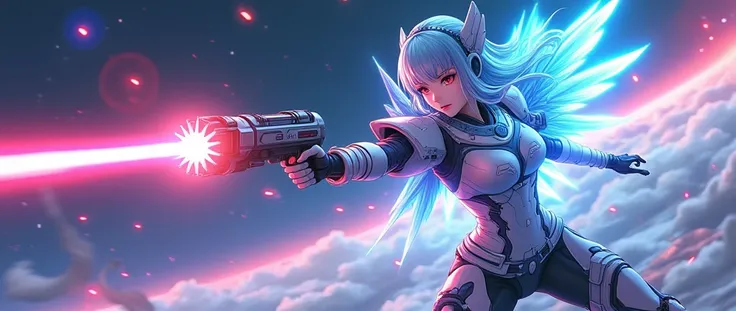 Young Female, Light Blue Hair, Neon Glowing Red Eye, Mechanical Wing, Neon Light, Beam Cannon, Rainbow Aura Body, Supernova Power, White Blue Mechanical Armor, Space War Background, Sad Emotion Mood, Fighting Stance, Anime, Masterpiece.