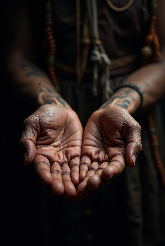 Old indigenous hands, open in the dark, front view