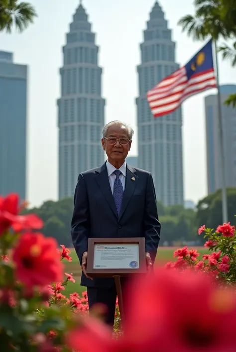 A photography of Tun Dr Mahathir Mohamad former malaysia prime minister was stand behind putrajaya city centre.  The background is beutiful hibiscus  landscape with Malaysia flag. The mini board say " AI ART HAZRIN RYNN "