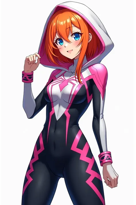 Yotsuba nakano orange hair and blue eyes with pink spider gwen suit, white, black and white hood with pink interior