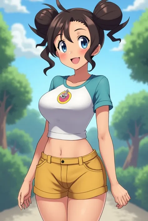 Create a female Pokemon character in anime style. she has clear skin, blue eyes and her hair is dark brown and is styled in two large buns on each side of her head... She is dressed in a tight white T-shirt with light blue sleeves...., with emblem on the c...