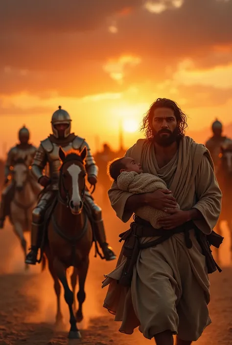 Moses parents with the little baby in their arms flee on foot from the Egyptian soldiers at dusk, with the sky dyed orange and red. The Soldiers ride horses, in shining armor.