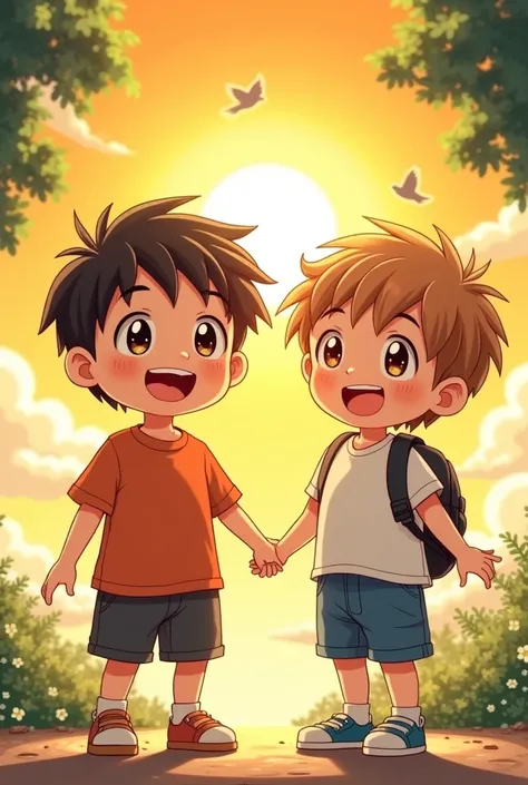 Create an image of a 2 boy, Cute, Sunny smile, behind you the sun shines. In anime form. One person only 