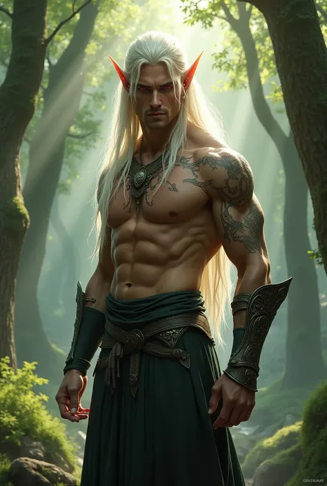 Create a male elf with masculine features and platinum hair, with red eyes